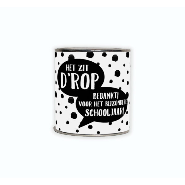 Cadeaublik met de tekst “Het zit d’rop – bedankt voor het bijzondere schooljaar”