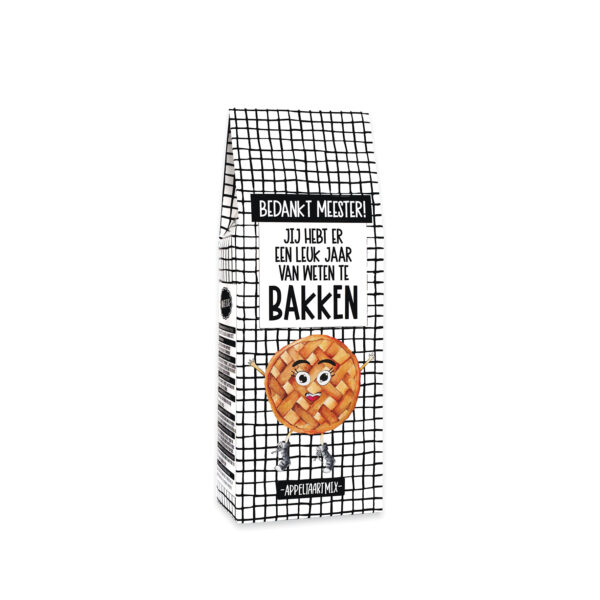 Bedankje meester appeltaartmix met leuke tekst op cadeauverpakking