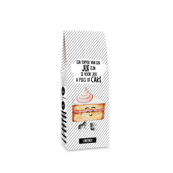 Cakemix met de tekst “Een topper van een juf zijn is voor jou a piece of cake” – cadeau voor juf