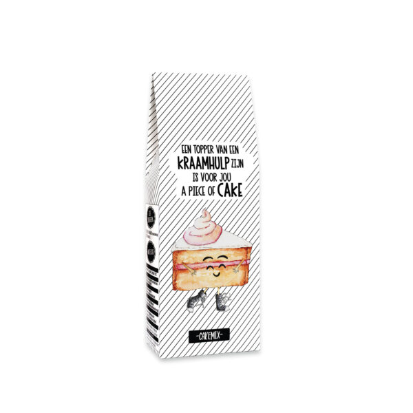 Cakemix met de tekst “Een topper van een kraamhulp zijn is voor jou a piece of cake” – cadeau voor kraamhulp
