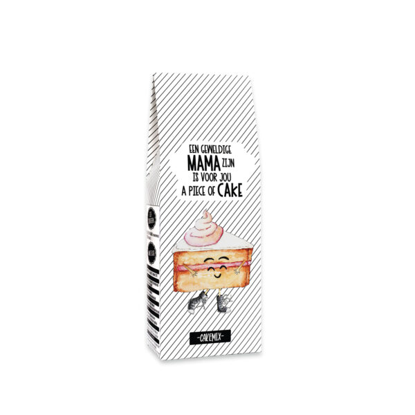 Cakemix met de tekst “Een geweldige mama zijn is voor jou a piece of cake” – cadeau voor mama