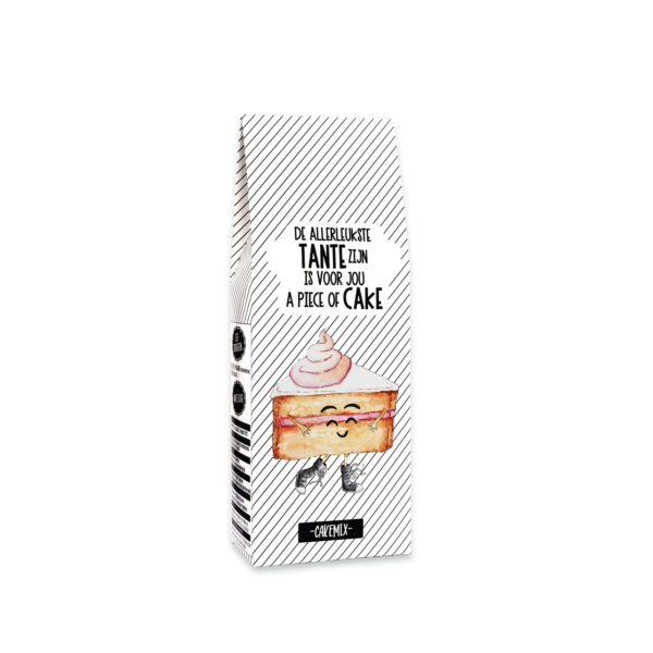 Cakemix met de tekst “De allerleukste tante zijn is voor jou a piece of cake” – cadeau voor tante