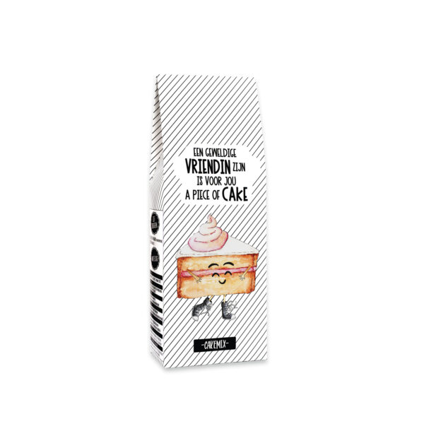 Cakemix met de tekst “Een geweldige vriendin zijn is voor jou a piece of cake” – cadeau voor vriendin
