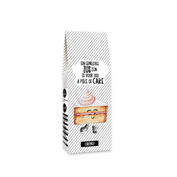 Cakemix met de tekst “Een geweldige zus zijn is voor jou a piece of cake” – cadeau voor zus