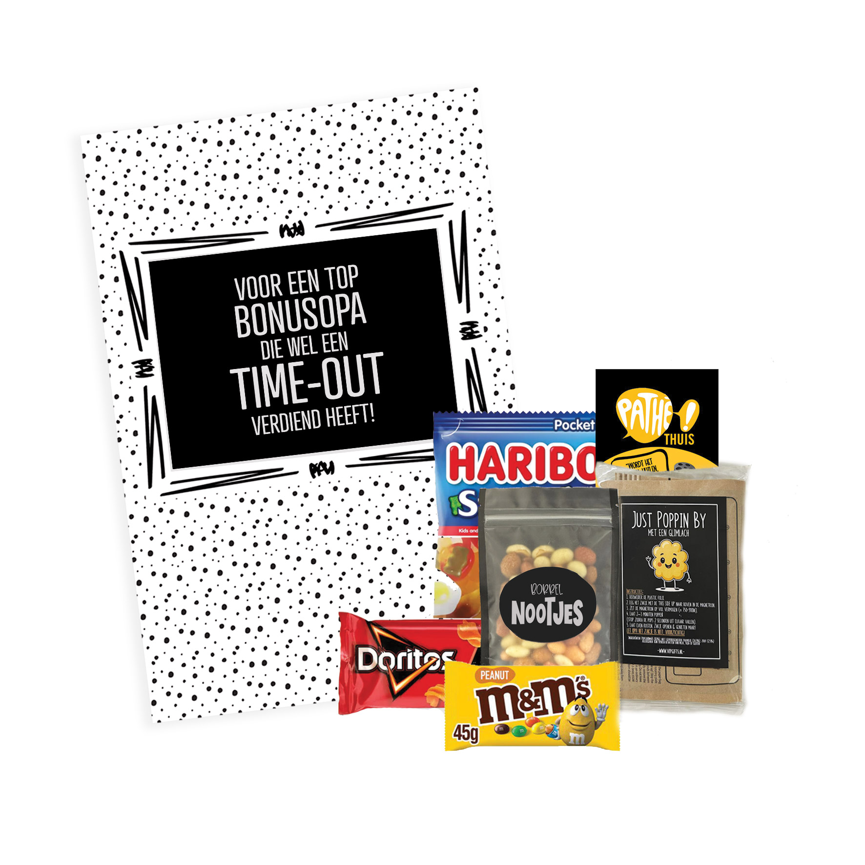 Cadeaupakket filmavond voor bonusopa met snacks, popcorn en filmvoucher – inclusief doos met tekst “Voor een top bonusopa die wel een time-out verdiend heeft!”