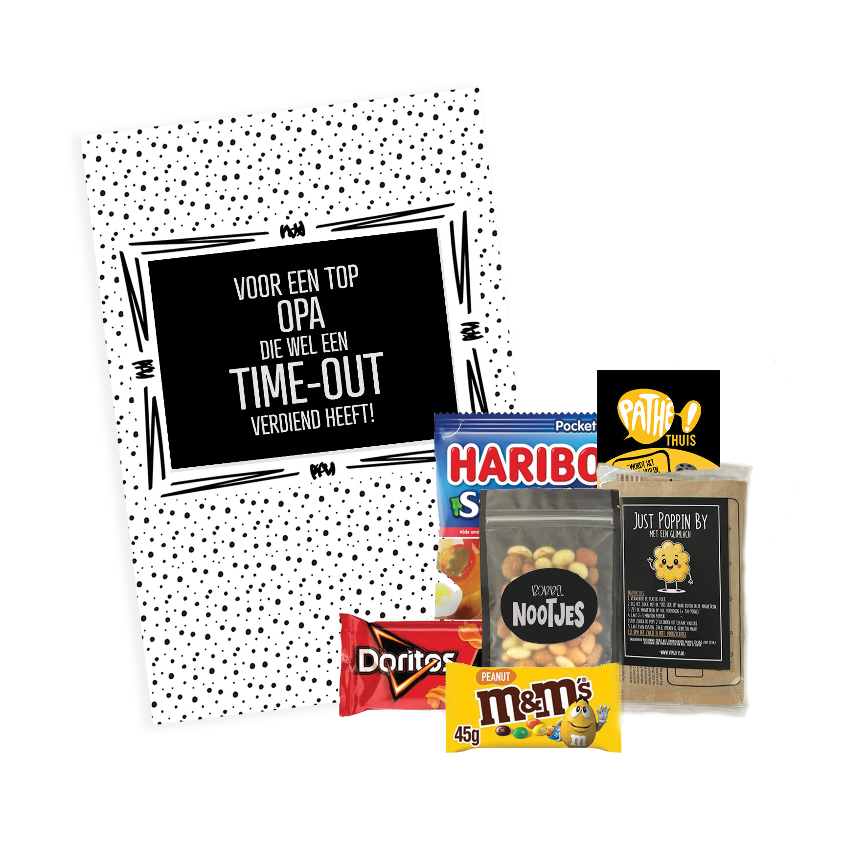 Cadeaupakket filmavond voor opa met snacks, popcorn en filmvoucher – inclusief doos met tekst “Voor een topopa die wel een time-out verdiend heeft!