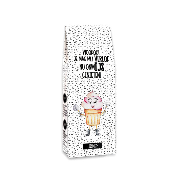 IJsmix cadeau met de tekst “Woohoo je mag met verlof! Nu onwIJS genieten!” – cadeautje voor verlof