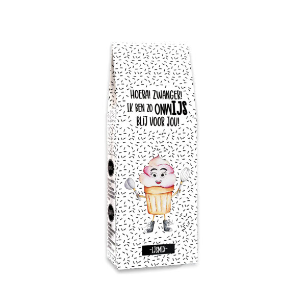 IJsmix cadeau met de tekst “Woohoo zwanger! Ik ben zo onwIJS blij voor jou!” – origineel zwangerschapscadeautje
