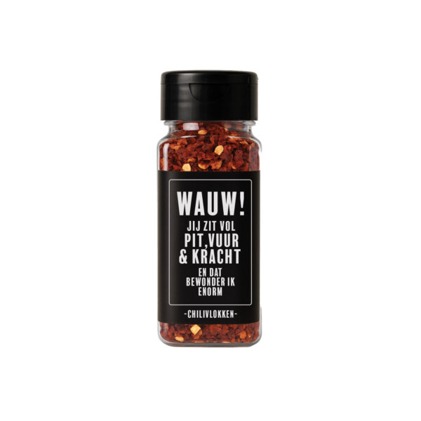 Cadeaupotje chilivlokken met tekst 'Wauw! Jij zit vol pit, vuur & kracht'