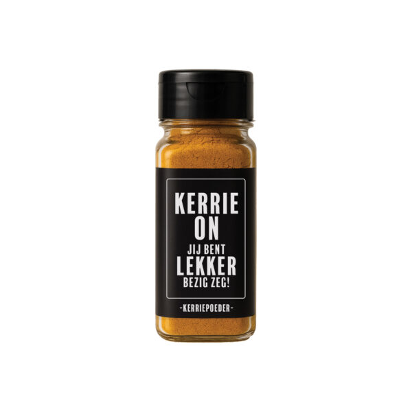 Potje kerriepoeder met de tekst: Kerrie on! Jij bent lekker bezig zeg