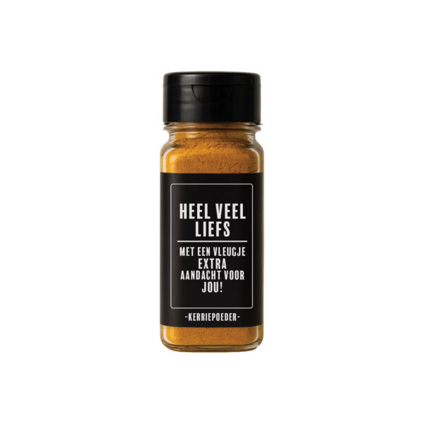 Potje kerriepoeder met de tekst: Heel veel liefs. Met een vleugje extra aandacht voor jou!