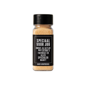 Knoflookpoeder cadeau met label: Speciaal voor jou omdat jij altijd wat extra’s toevoegt