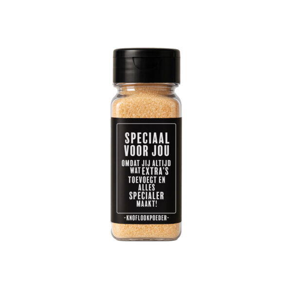 Knoflookpoeder cadeau met label: Speciaal voor jou omdat jij altijd wat extra’s toevoegt
