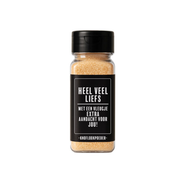Potje knoflookpoeder met label: Heel veel liefs. Met een vleugje extra aandacht voor jou!