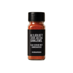 Cadeau paprikapoeder met de tekst: Alsjeblieft, voor jou een dankjewel. Rijk gekruid met dankbaarheid