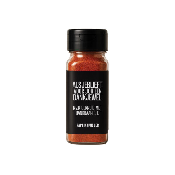 Cadeau paprikapoeder met de tekst: Alsjeblieft, voor jou een dankjewel. Rijk gekruid met dankbaarheid