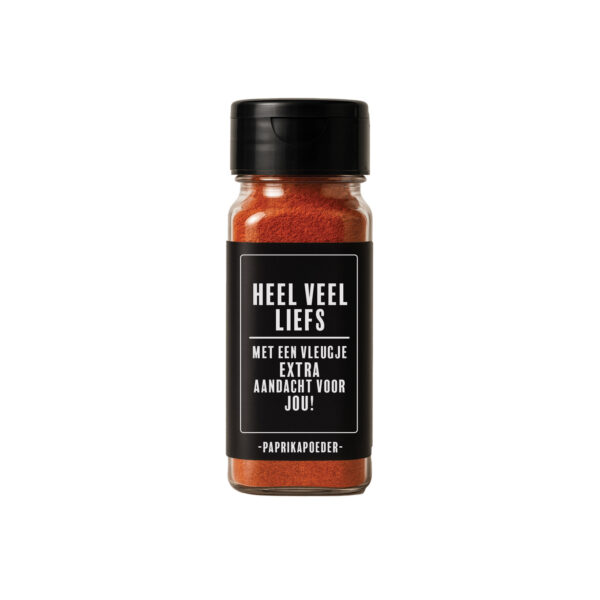 Paprikapoeder cadeau met de tekst: Heel veel liefs. Met een vleugje extra aandacht voor jou