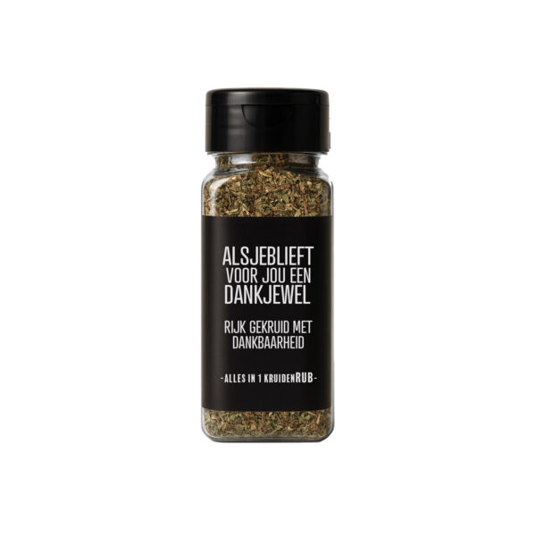 Kruidenpotje cadeau met tekst: Alsjeblieft een dankjewel, rijk gekruid met dankbaarheid