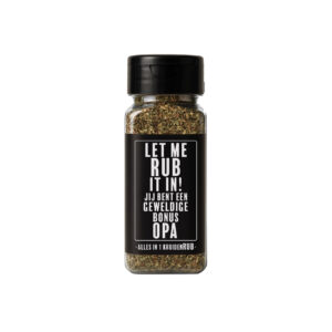Kruidenrub met de tekst “Let me RUB it in! Jij bent een geweldige bonus opa” – origineel cadeau voor bonus opa