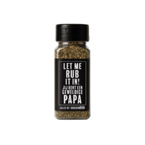 Kruidenrub met de tekst “Let me RUB it in! Jij bent een geweldige papa” – origineel cadeau voor vader