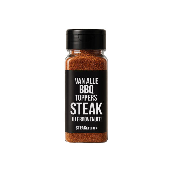 STEAK-kruiden met de tekst "Van alle BBQ-toppers STEAK jij er bovenuit" – origineel cadeau voor BBQ-liefhebbers