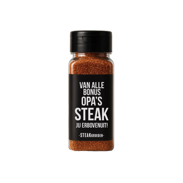 Steakkruiden met de tekst "Van alle bonus opa’s STEAK jij er bovenuit" – origineel cadeau voor bonus opa