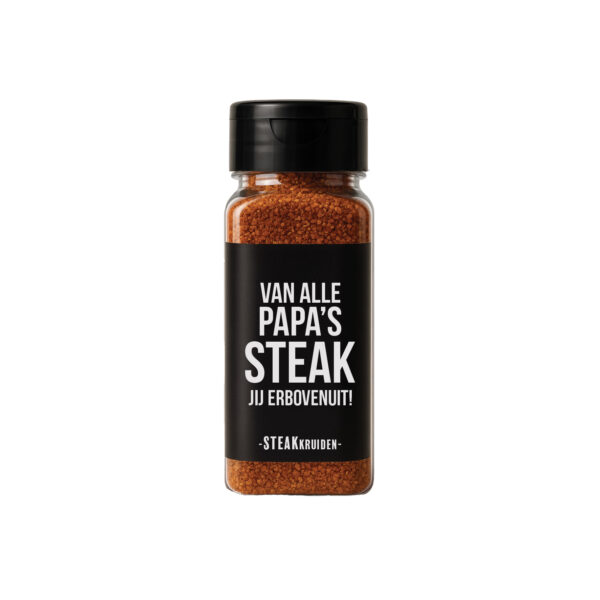 Steakkruiden met de tekst "Van alle papa’s STEAK jij er bovenuit" – origineel cadeau voor papa
