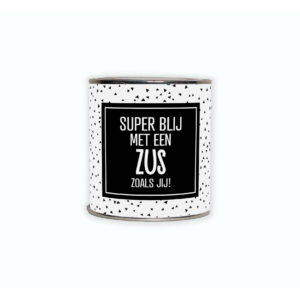 Kadoblikje met de tekst “Superblij met een zus zoals jij!” een vrolijk cadeautje voor je zus.