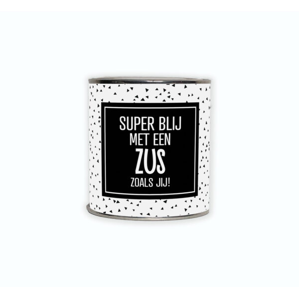 Kadoblikje met de tekst “Superblij met een zus zoals jij!” een vrolijk cadeautje voor je zus.