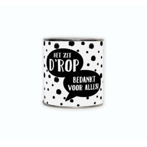 Kadoblikje met de tekst “Het zit D’rop, bedankt voor alles” een vrolijk en origineel bedankje voor elke gelegenheid.