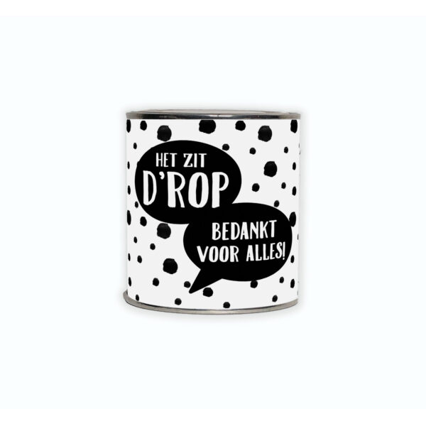 Kadoblikje met de tekst “Het zit D’rop, bedankt voor alles” een vrolijk en origineel bedankje voor elke gelegenheid.