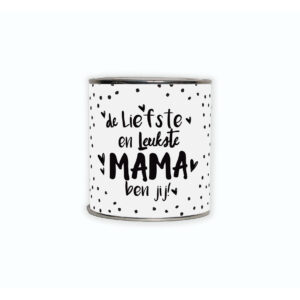 Kadoblikje met de tekst “De liefste en leukste mama ben jij!” een vrolijk cadeautje voor een lieve mama.