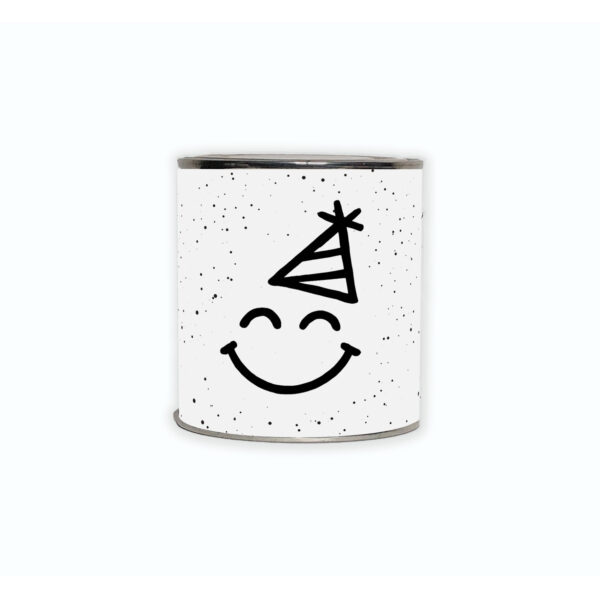 Cadeaublikje met een feestelijke smiley en partyhoedje
