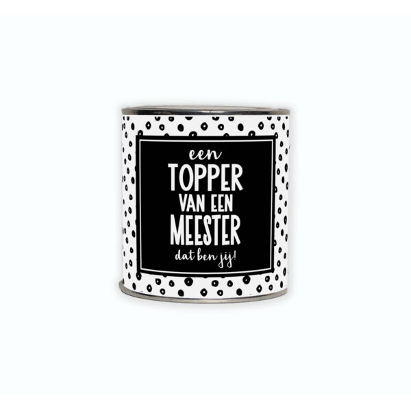 Cadeaublikje met de tekst “Een topper van een meester dat ben jij”