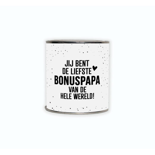 Kadoblikje met de tekst “Jij bent de liefste bonuspapa van de hele wereld!” een origineel cadeautje voor een lieve bonusvader.