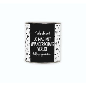 Kadoblikje met de tekst “Woohoo je mag met zwangerschapsverlof. Lekker genieten!”